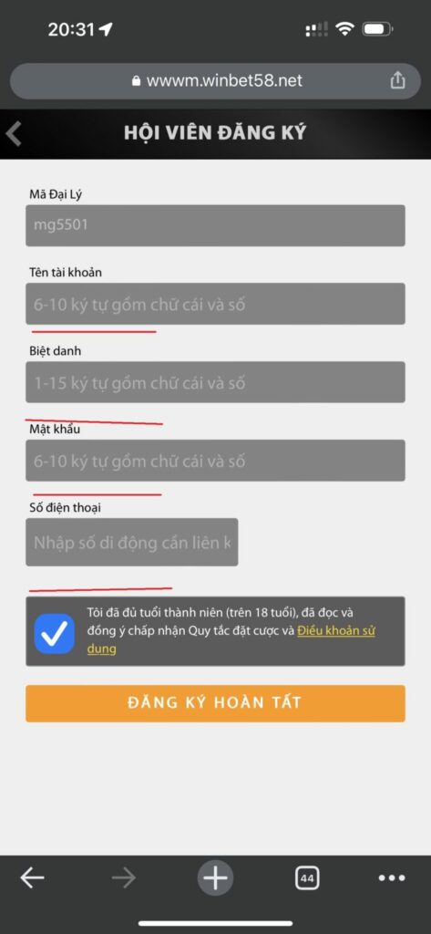 Điền thông tin khi đăng ký tài khoản Winbet